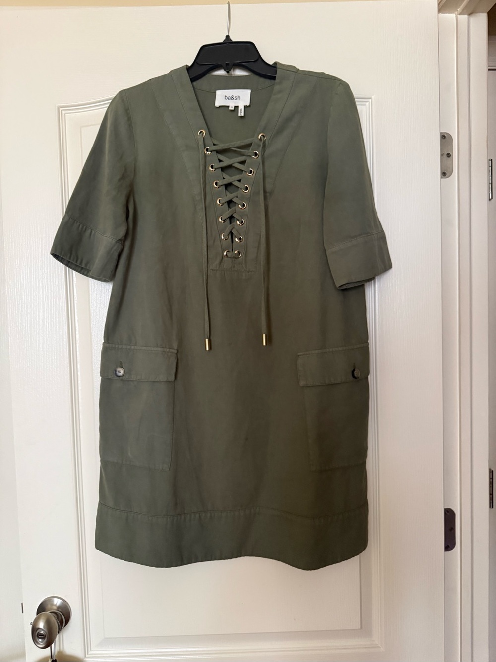 ba&sh Olive Green Lace-Up Utility Midi Dress Size Medium